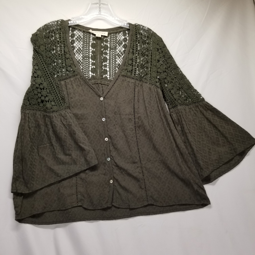 Love Stitch Womans Size S Blouse Sheer Dark Green 3/4 Bell Sleeve Croched Boho
